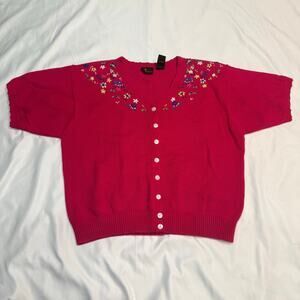 Vintage Lizsport Floral Embroidered Button Cardigan Top Pink Cotton Knit Size M
